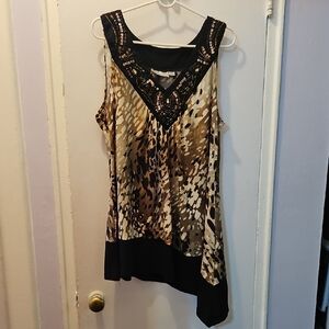 Avenue Black and Brown Sleeveless Blouse with Embellished Neckline